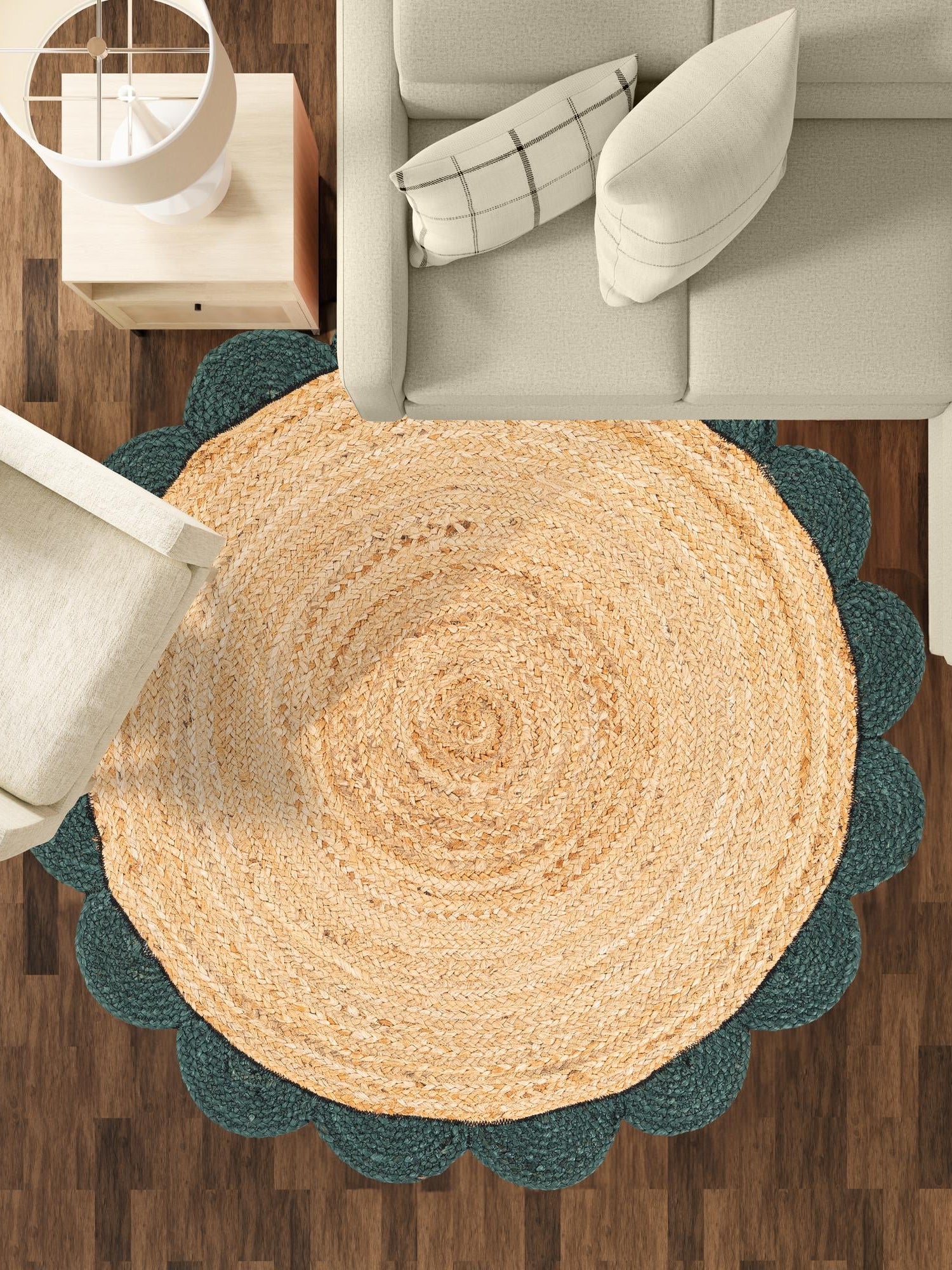 Natural and Green 6' 1 x 6' 1 Scallop Braided Jute Round Area Rug Eco Friendly 100% Jute All Natural Durable Carpet for Affordable Unique Home Interiors for Sale at Rug Engine