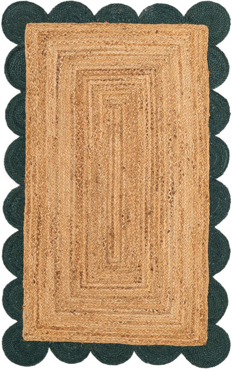 Natural and Green 3' 1 x 5' 1 Scallop Braided Jute Rectangle Rug