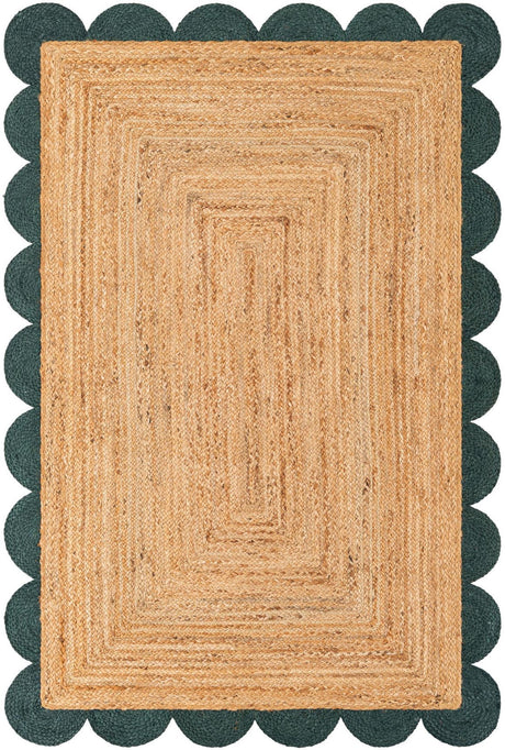 Natural and Green 4' 1 x 6' 1 Scallop Braided Jute Rectangle Rug