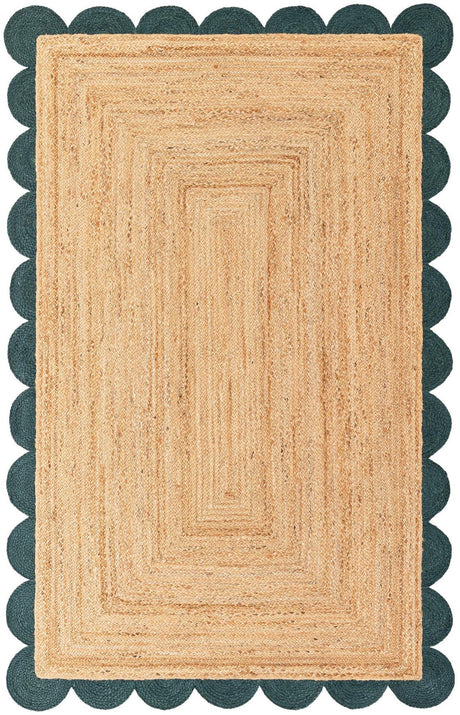 Natural and Green 5' 1 x 8' Scallop Braided Jute Rectangle Rug