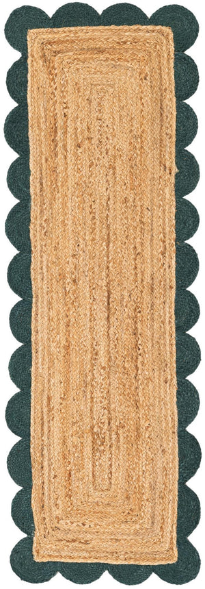 Natural and Green 2' x 6' 1 Scallop Braided Jute Runner Rug