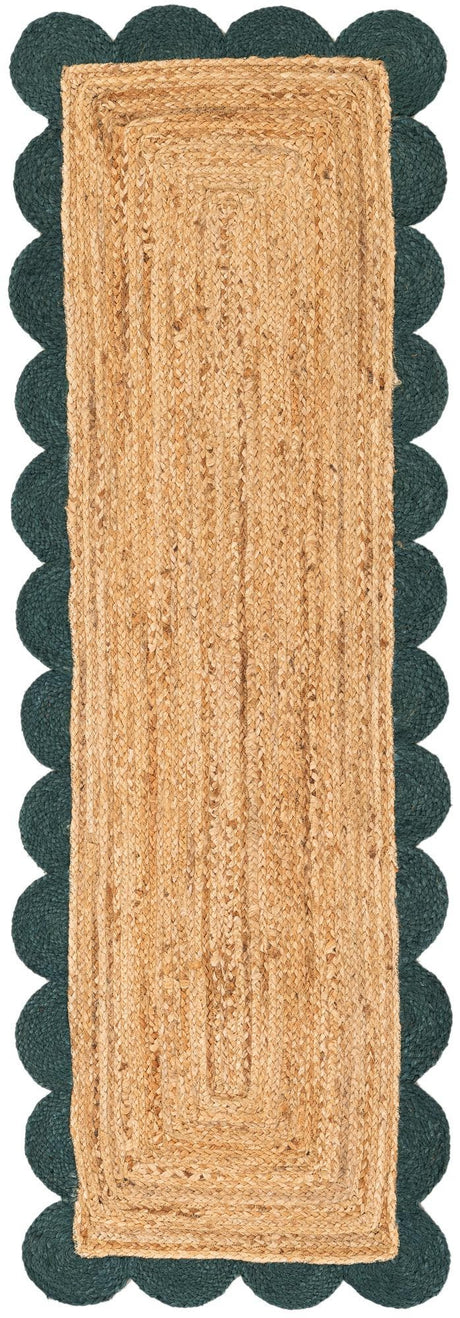 Natural and Green 2' x 6' 1 Scallop Braided Jute Runner Rug