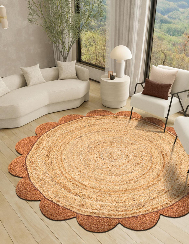Natural and Terracotta 4' 1 x 4' 1 Scallop Braided Jute Round Area Rug Eco Friendly 100% Jute All Natural Durable Carpet for Affordable Unique Home Interiors for Sale at Rug Engine