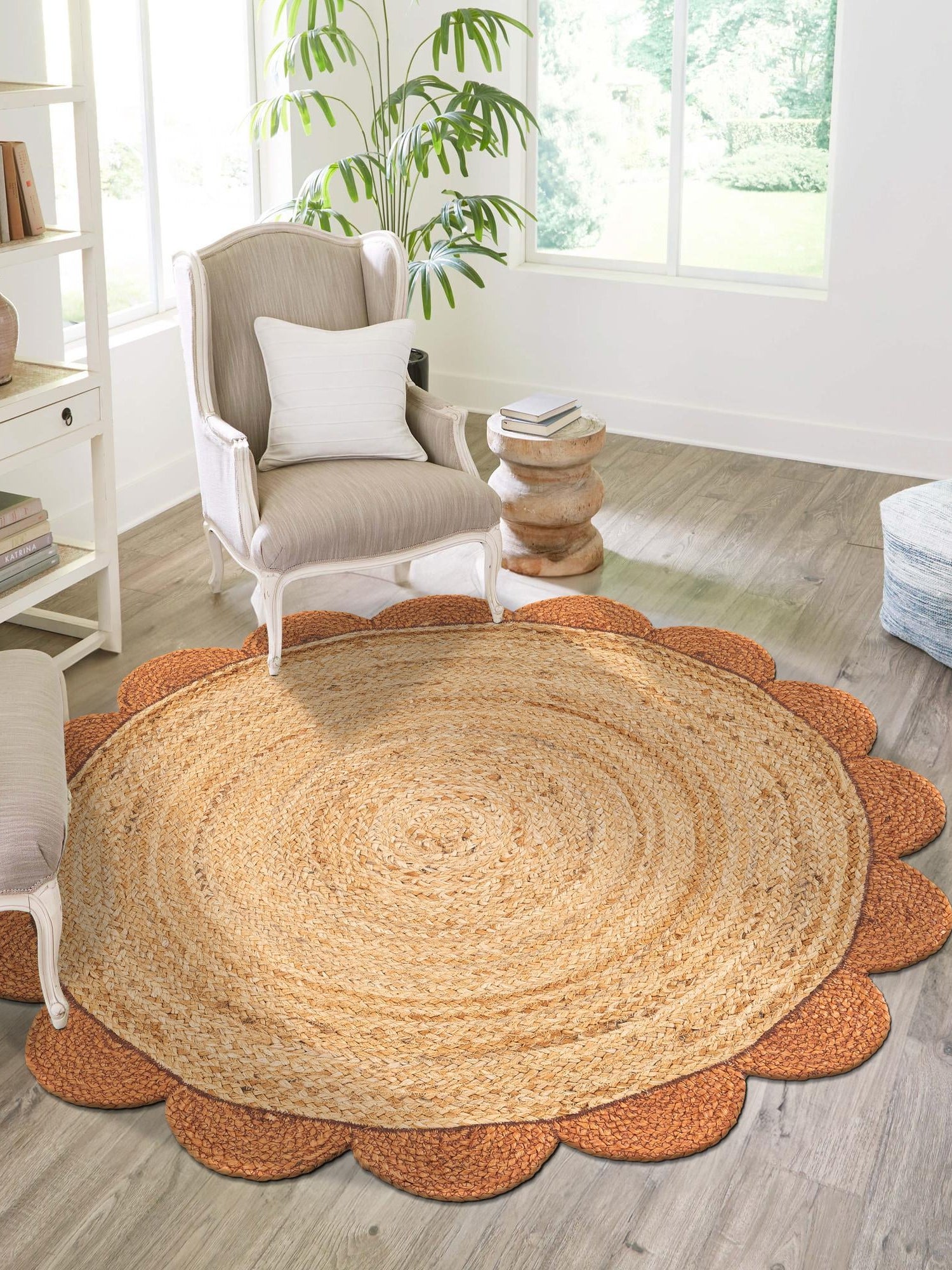 Natural and Terracotta 8' x 8' Scallop Braided Jute Round Area Rug Eco Friendly 100% Jute All Natural Durable Carpet for Affordable Unique Home Interiors for Sale at Rug Engine