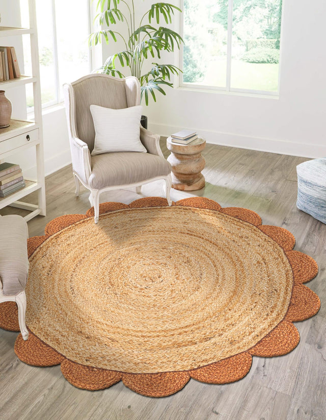 Natural and Terracotta 8' x 8' Scallop Braided Jute Round Area Rug Eco Friendly 100% Jute All Natural Durable Carpet for Affordable Unique Home Interiors for Sale at Rug Engine