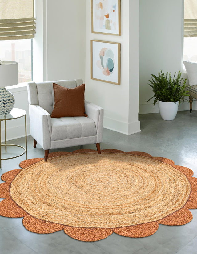 Natural and Terracotta 4' 1 x 4' 1 Scallop Braided Jute Round Area Rug Eco Friendly 100% Jute All Natural Durable Carpet for Affordable Unique Home Interiors for Sale at Rug Engine
