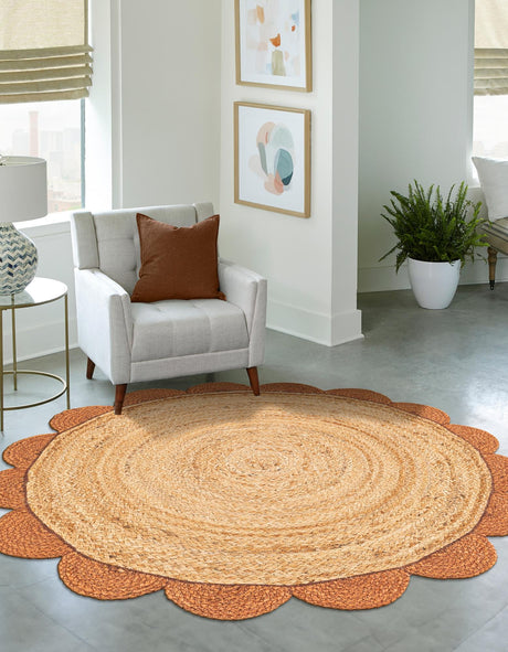 Natural and Terracotta 8' x 8' Scallop Braided Jute Round Area Rug Eco Friendly 100% Jute All Natural Durable Carpet for Affordable Unique Home Interiors for Sale at Rug Engine