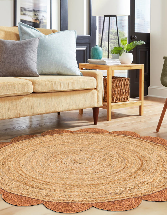 Natural and Terracotta 4' 1 x 4' 1 Scallop Braided Jute Round Area Rug Eco Friendly 100% Jute All Natural Durable Carpet for Affordable Unique Home Interiors for Sale at Rug Engine