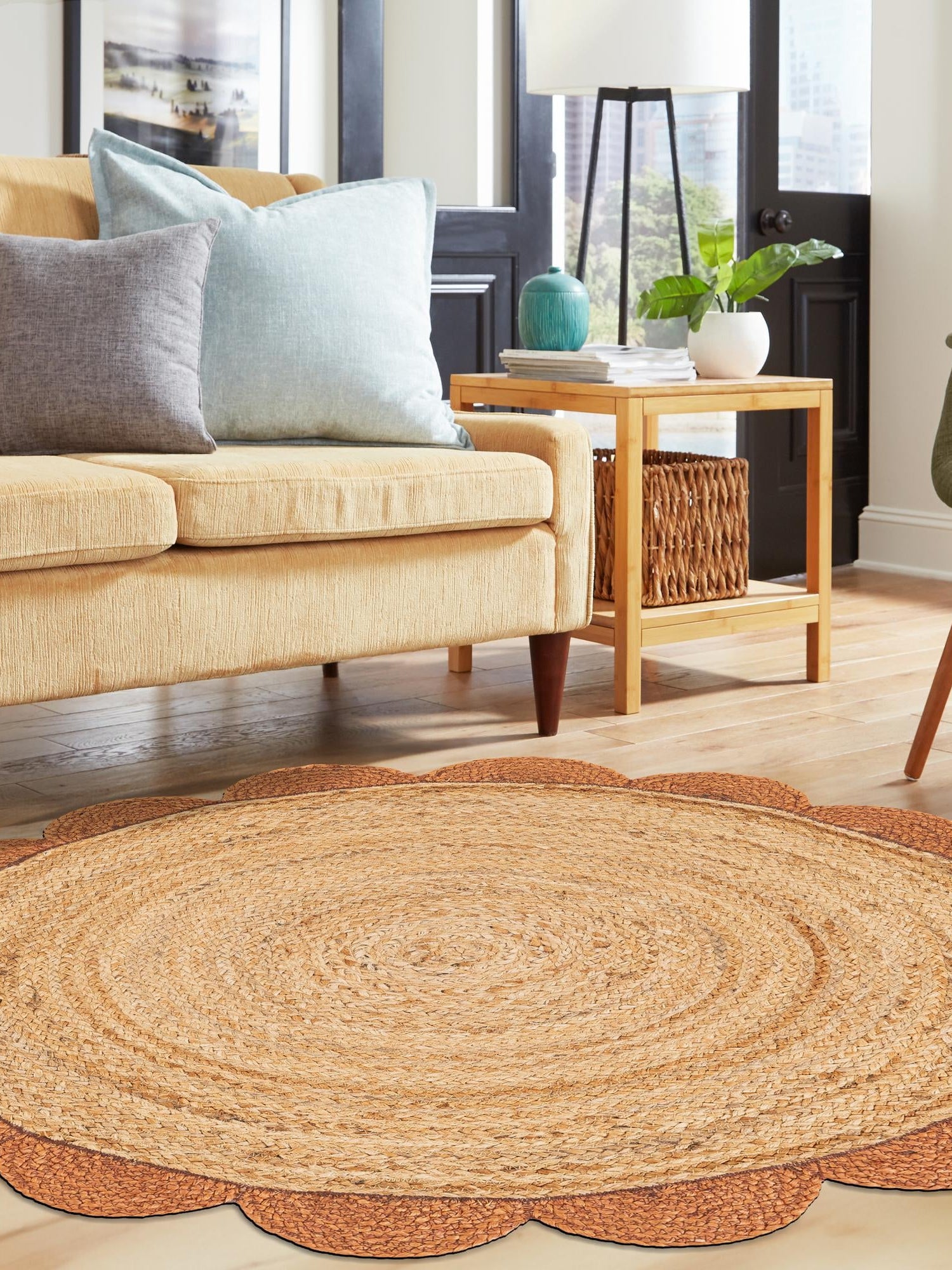 Natural and Terracotta 8' x 8' Scallop Braided Jute Round Area Rug Eco Friendly 100% Jute All Natural Durable Carpet for Affordable Unique Home Interiors for Sale at Rug Engine