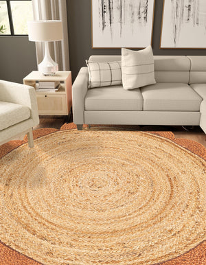 Natural and Terracotta 4' 1 x 4' 1 Scallop Braided Jute Round Area Rug Eco Friendly 100% Jute All Natural Durable Carpet for Affordable Unique Home Interiors for Sale at Rug Engine