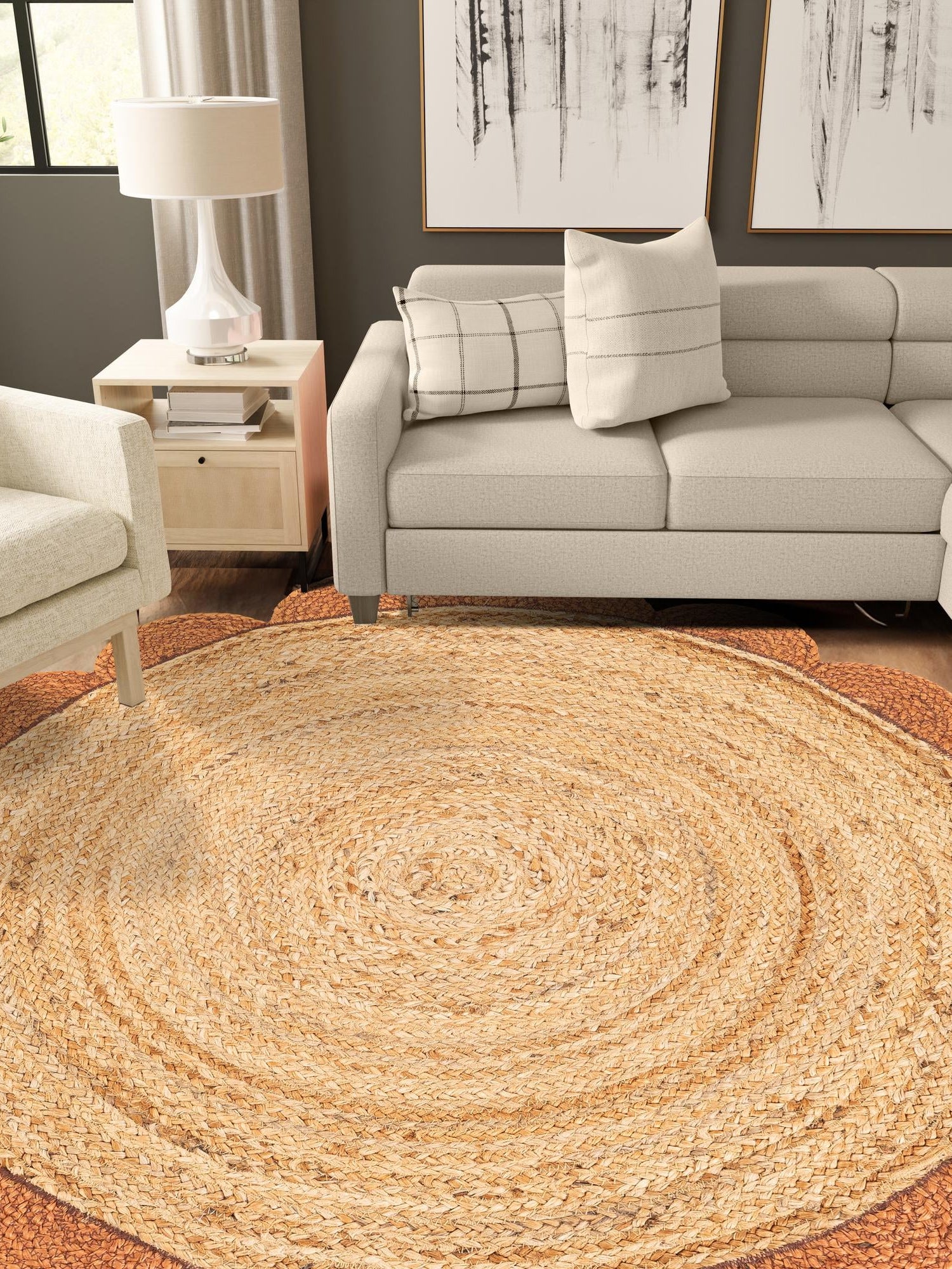Natural and Terracotta 8' x 8' Scallop Braided Jute Round Area Rug Eco Friendly 100% Jute All Natural Durable Carpet for Affordable Unique Home Interiors for Sale at Rug Engine