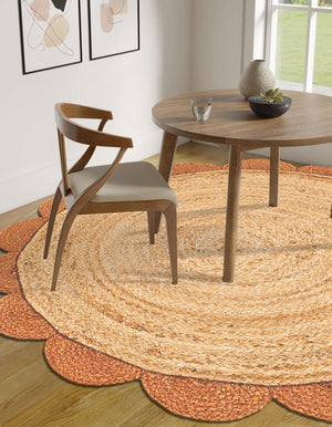 Natural and Terracotta 4' 1 x 4' 1 Scallop Braided Jute Round Area Rug Eco Friendly 100% Jute All Natural Durable Carpet for Affordable Unique Home Interiors for Sale at Rug Engine