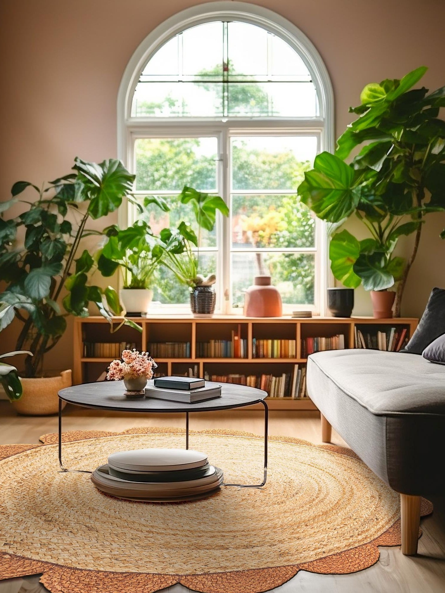 Natural and Terracotta 8' x 8' Scallop Braided Jute Round Area Rug Eco Friendly 100% Jute All Natural Durable Carpet for Affordable Unique Home Interiors for Sale at Rug Engine