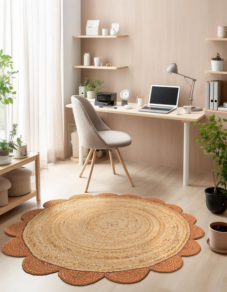Natural and Terracotta 3' 1 x 3' 1 Scallop Braided Jute Round Area Rug Eco Friendly 100% Jute All Natural Durable Carpet for Affordable Unique Home Interiors for Sale at Rug Engine