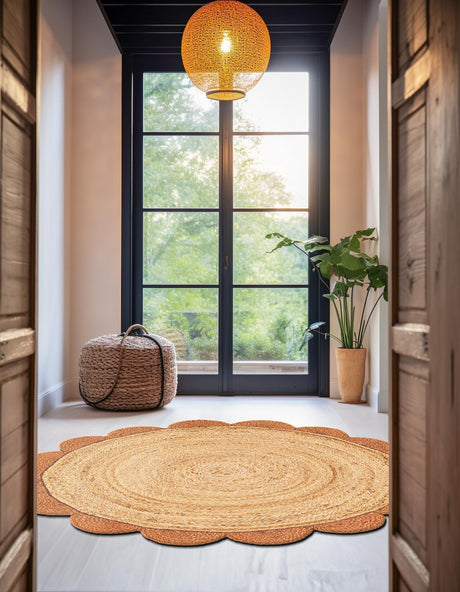 Natural and Terracotta 5' 1 x 5' 1 Scallop Braided Jute Round Area Rug Eco Friendly 100% Jute All Natural Durable Carpet for Affordable Unique Home Interiors for Sale at Rug Engine