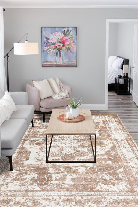 Ivory and Beige 7' 1 x 10' Sofia Rectangle Area Rug Durable Easy Clean Stain Resistant Unique Carpet for Affordable Interior Home Design for Sale at Rug Engine