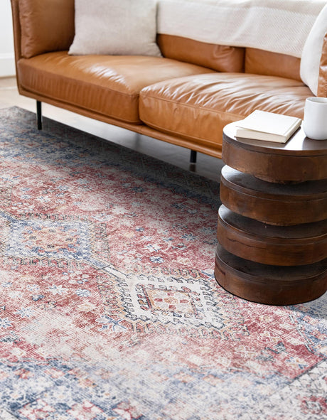 Washable Red and Navy Blue 5' 1 x 8' Yara Rectangle Area Rug Easy to Clean Stain Resistant & Durable Polyester & Chenille Carpet for Sale at Rug Engine