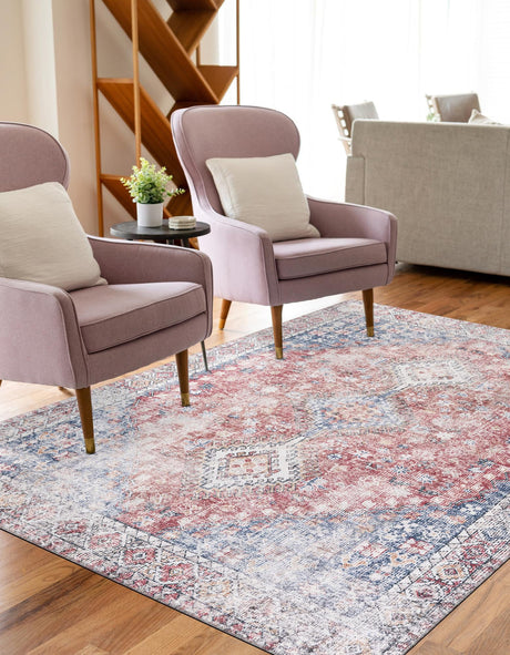 Washable Red and Navy Blue 5' 1 x 8' Yara Rectangle Area Rug Easy to Clean Stain Resistant & Durable Polyester & Chenille Carpet for Sale at Rug Engine
