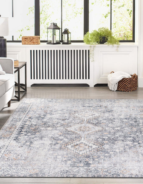 Washable Antique Gray 5' 1 x 8' Yara Rectangle Area Rug Easy to Clean Stain Resistant & Durable Polyester & Chenille Carpet for Sale at Rug Engine