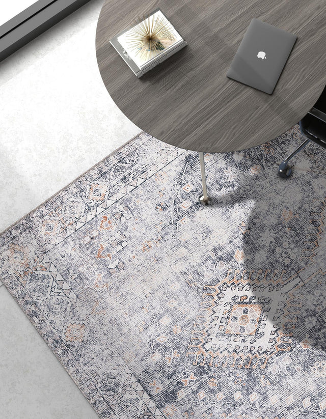 Washable Antique Gray 5' 1 x 8' Yara Rectangle Area Rug Easy to Clean Stain Resistant & Durable Polyester & Chenille Carpet for Sale at Rug Engine