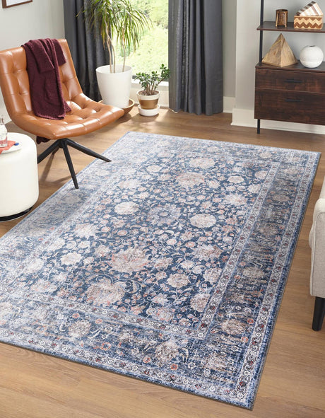 Royal Navy Blue 5' 1 x 8' Yara Washable Rectangle Rug