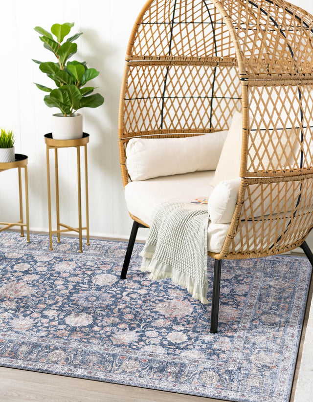 Washable Royal Navy Blue 5' 1 x 8' Yara Rectangle Area Rug Easy to Clean Stain Resistant & Durable Polyester & Chenille Carpet for Sale at Rug Engine