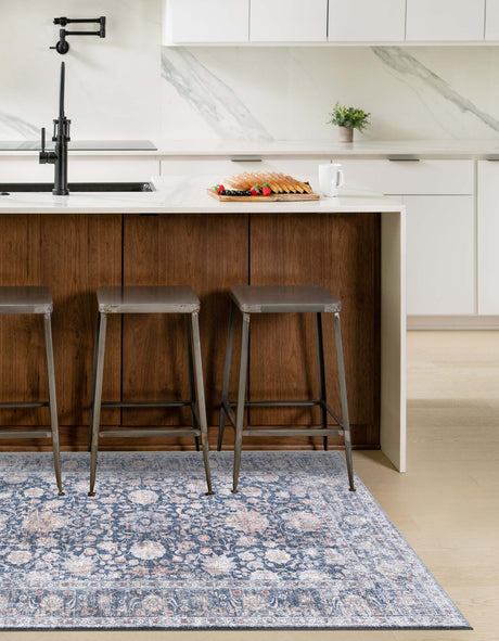 Washable Royal Navy Blue 5' 1 x 8' Yara Rectangle Area Rug Easy to Clean Stain Resistant & Durable Polyester & Chenille Carpet for Sale at Rug Engine