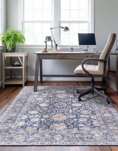 Washable Royal Navy Blue 5' 1 x 8' Yara Rectangle Area Rug Easy to Clean Stain Resistant & Durable Polyester & Chenille Carpet for Sale at Rug Engine