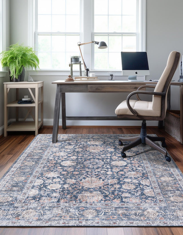 Washable Royal Navy Blue 5' 1 x 8' Yara Rectangle Area Rug Easy to Clean Stain Resistant & Durable Polyester & Chenille Carpet for Sale at Rug Engine