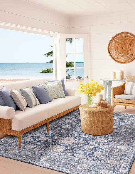 Washable Royal Navy Blue 5' 1 x 8' Yara Rectangle Area Rug Easy to Clean Stain Resistant & Durable Polyester & Chenille Carpet for Sale at Rug Engine