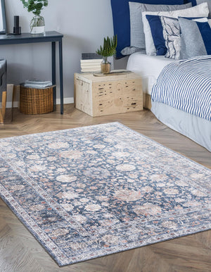 Washable Royal Navy Blue 5' 1 x 8' Yara Rectangle Area Rug Easy to Clean Stain Resistant & Durable Polyester & Chenille Carpet for Sale at Rug Engine