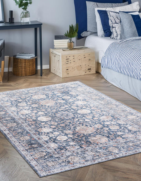 Washable Royal Navy Blue 5' 1 x 8' Yara Rectangle Area Rug Easy to Clean Stain Resistant & Durable Polyester & Chenille Carpet for Sale at Rug Engine