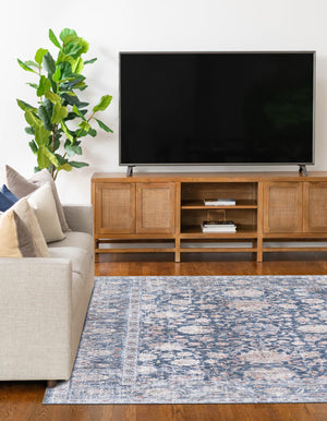 Washable Royal Navy Blue 5' 1 x 8' Yara Rectangle Area Rug Easy to Clean Stain Resistant & Durable Polyester & Chenille Carpet for Sale at Rug Engine