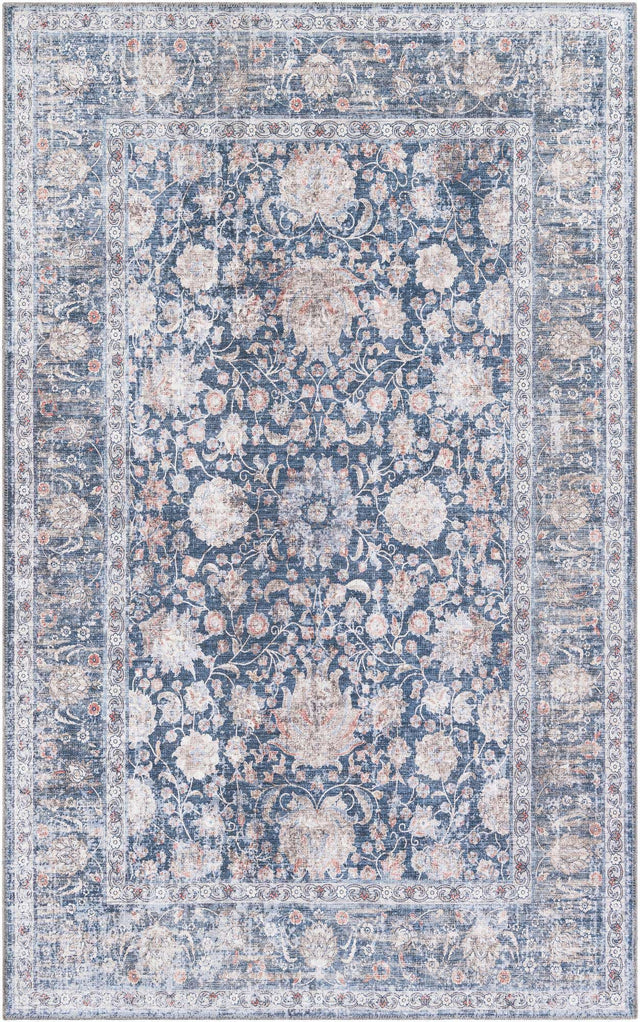 Washable Royal Navy Blue 5' 1 x 8' Yara Rectangle Area Rug Easy to Clean Stain Resistant & Durable Polyester & Chenille Carpet for Sale at Rug Engine