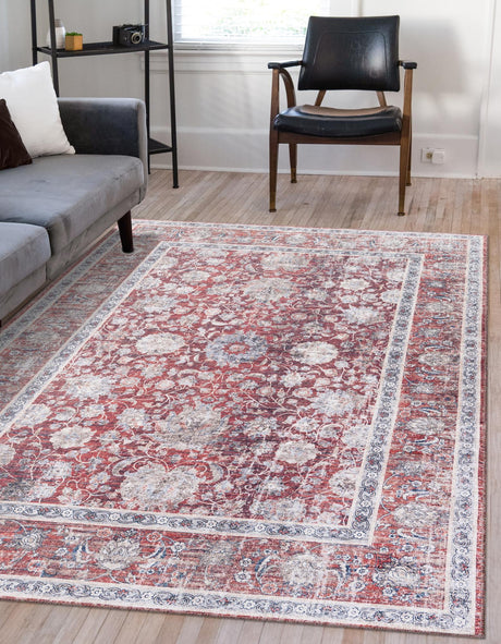 Washable Antique Red 5' 1 x 8' Yara Rectangle Area Rug Easy to Clean Stain Resistant & Durable Polyester & Chenille Carpet for Sale at Rug Engine