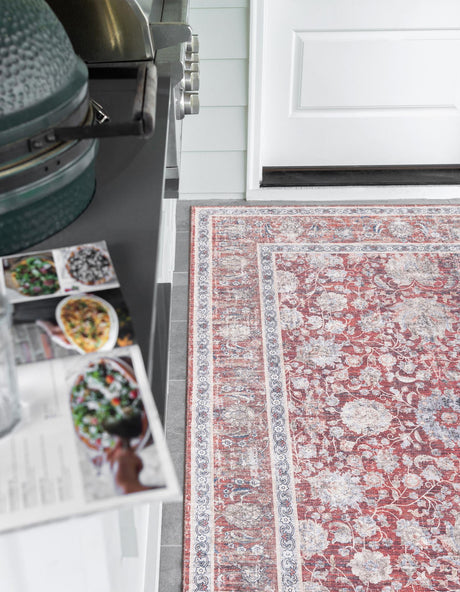 Washable Antique Red 5' 1 x 8' Yara Rectangle Area Rug Easy to Clean Stain Resistant & Durable Polyester & Chenille Carpet for Sale at Rug Engine