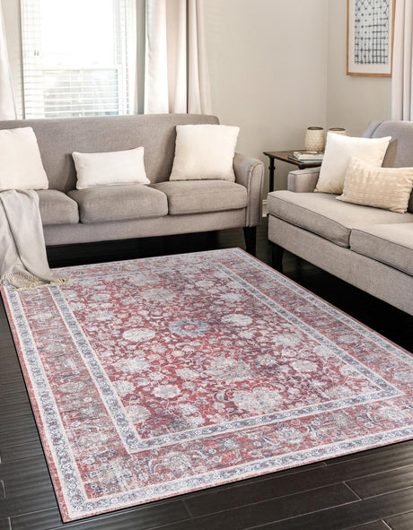 Washable Antique Red 5' 1 x 8' Yara Rectangle Area Rug Easy to Clean Stain Resistant & Durable Polyester & Chenille Carpet for Sale at Rug Engine