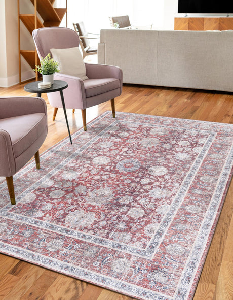 Washable Antique Red 5' 1 x 8' Yara Rectangle Area Rug Easy to Clean Stain Resistant & Durable Polyester & Chenille Carpet for Sale at Rug Engine