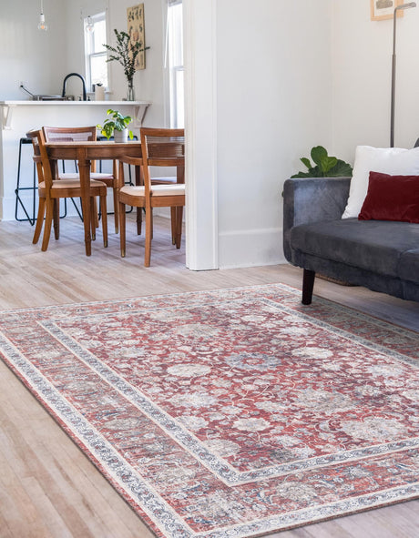 Washable Antique Red 5' 1 x 8' Yara Rectangle Area Rug Easy to Clean Stain Resistant & Durable Polyester & Chenille Carpet for Sale at Rug Engine