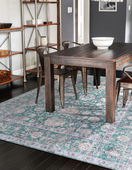 Washable Emerald Green 5' 1 x 8' Yara Rectangle Area Rug Easy to Clean Stain Resistant & Durable Polyester & Chenille Carpet for Sale at Rug Engine