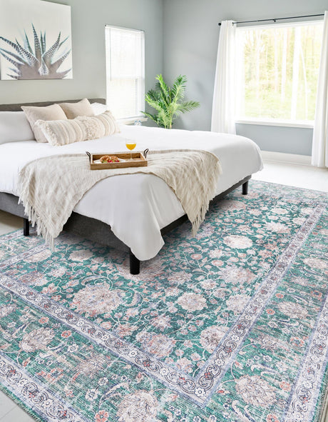 Washable Emerald Green 5' 1 x 8' Yara Rectangle Area Rug Easy to Clean Stain Resistant & Durable Polyester & Chenille Carpet for Sale at Rug Engine