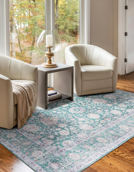 Washable Emerald Green 5' 1 x 8' Yara Rectangle Area Rug Easy to Clean Stain Resistant & Durable Polyester & Chenille Carpet for Sale at Rug Engine