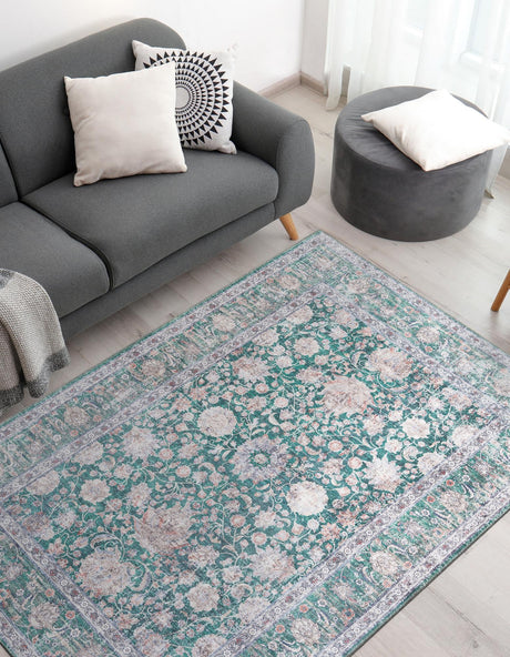 Washable Emerald Green 5' 1 x 8' Yara Rectangle Area Rug Easy to Clean Stain Resistant & Durable Polyester & Chenille Carpet for Sale at Rug Engine