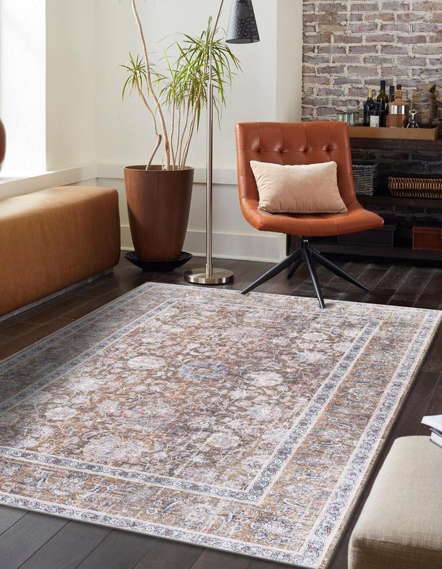 Washable Antique Gold 5' 1 x 8' Yara Rectangle Area Rug Easy to Clean Stain Resistant & Durable Polyester & Chenille Carpet for Sale at Rug Engine