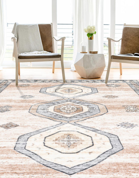Washable Ivory and Beige 5' 3 x 7' 9 Medina Rectangle Area Rug Easy to Clean Stain Resistant & Durable Polyester Classic Carpet for Home Decor & Design for Sale at Rug Engine
