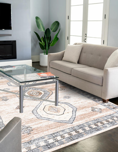 Washable Ivory and Beige 5' 3 x 7' 9 Medina Rectangle Area Rug Easy to Clean Stain Resistant & Durable Polyester Classic Carpet for Home Decor & Design for Sale at Rug Engine