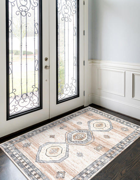 Washable Ivory and Beige 5' 3 x 7' 9 Medina Rectangle Area Rug Easy to Clean Stain Resistant & Durable Polyester Classic Carpet for Home Decor & Design for Sale at Rug Engine