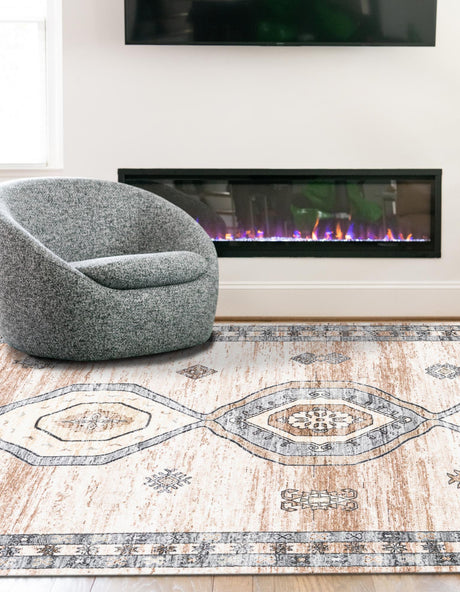 Washable Ivory and Beige 5' 3 x 7' 9 Medina Rectangle Area Rug Easy to Clean Stain Resistant & Durable Polyester Classic Carpet for Home Decor & Design for Sale at Rug Engine