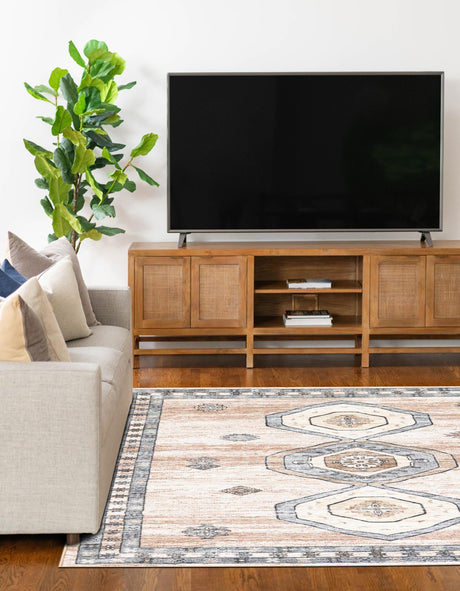 Washable Ivory and Beige 5' 3 x 7' 9 Medina Rectangle Area Rug Easy to Clean Stain Resistant & Durable Polyester Classic Carpet for Home Decor & Design for Sale at Rug Engine