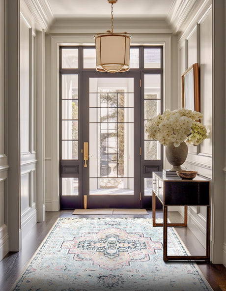 Washable Seaglass Blue and Rose 5' 3 x 7' 9 Medina Rectangle Area Rug Easy to Clean Stain Resistant & Durable Polyester Classic Carpet for Home Decor & Design for Sale at Rug Engine